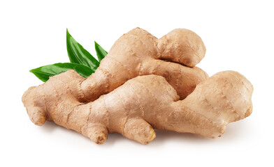 Ginger root with leaves isolated on white background 