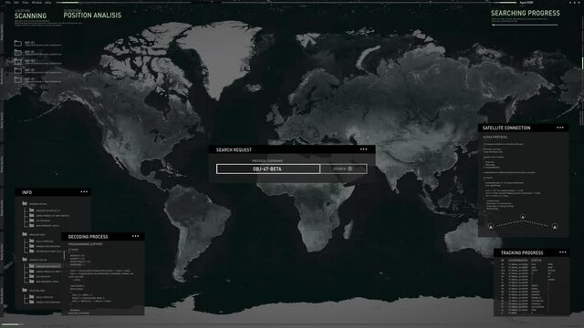 Authentication protocol to modern secret spy system. Searching data object all over the world and discovers a target in Washington USA. Computer user interface. Decoding process. Scanning world map