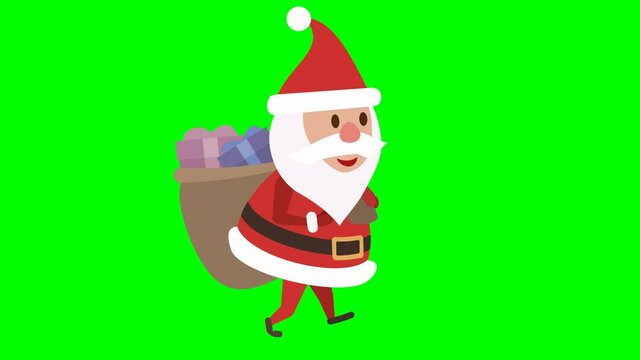 P&egrave;re no&euml;l avec son sac de cadeau en marche  sur fond vert(boucle,flat design)	