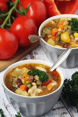 Bowls with Italian soup minestrone