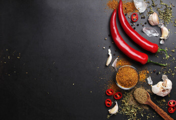 Chili peppers and other spices top view
