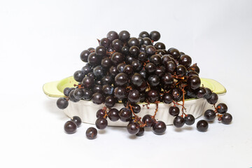 black grapes on a fruit plate on white background