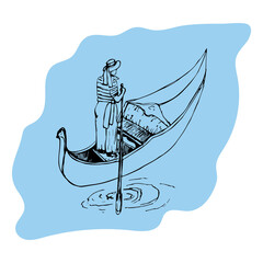 Gondola with a gondolier on a blue background - obrazy, fototapety, plakaty