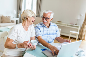 Senior couple smiling checking utility bills or insurance at computer with easy access, elderly users of technology
