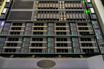 The front panel of hosting servers is in the datacenter. Modern hardware of the Internet provider....