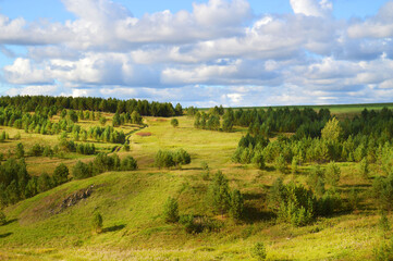 Fototapeta na wymiar Picturesque green hills with coniferous trees against the blue sky