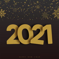 2021 Happy New Year greeting card with shiny gold text and snowflakes. Vector