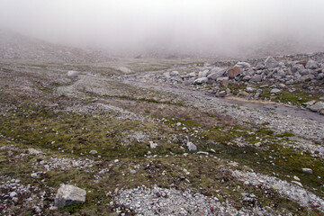 Alpine stream from a glacier in foggy weather. Kabardino-Balkarian natural reserve. Caucasus, Russia.
