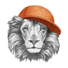 Portrait of Lion with a cap. Hand-drawn illustration. 