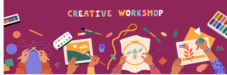 Top view of children drawing hands, stitching, knitting and cutting colored paper. Art craft workshop for kids, education. Horizontal banner, violet table. Hand drawn illustration, flat cartoon style