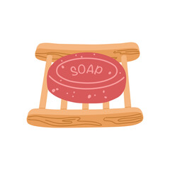 Pink soap in a wooden dish, eco friendly hygienic hand wash, zero waste items. Hand drawn vector illustration, in flat cartoon style, isolated on white background.
