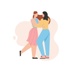Female LGBT couple dancing at party. Lesbians women hugging