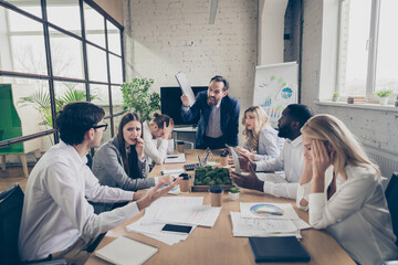 Profile side view of nice attractive stylish skilled partners mad ceo boos chief yelling delegating...