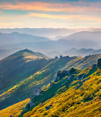 Attractive morning scene of Carpathian mountains. Stunning sunset on Dzembronya village location, Ukraine, Europe. Beauty of nature concept background.