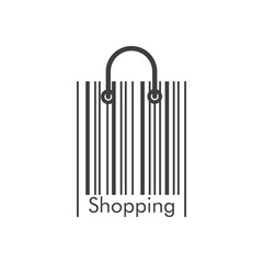 Símbolo de tienda en línea. Logotipo lineal con texto Shopping en código de barras como bolsa de la compra en color gris