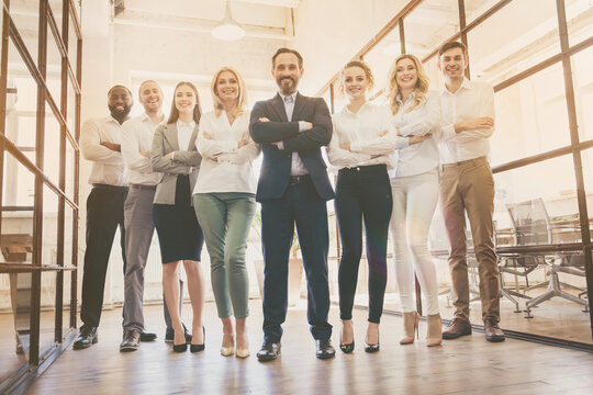 Full length photo of business man lady people eight diversity partners big office successful professionals good mood hr agents team stand arms crossed self-confident specialists indoors