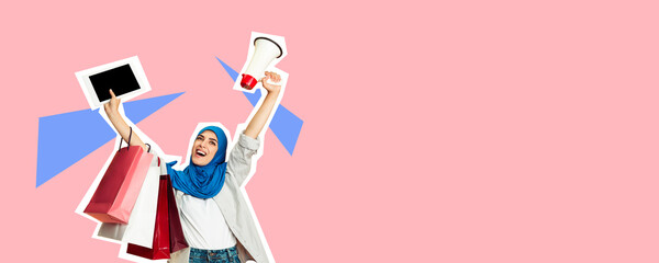 Happy muslim woman with megaphone and shopping bags. Collage in magazine style with bright background. Flyer with trendy colors, copyspace for ad. Discount, sales season, fashion and style concept.