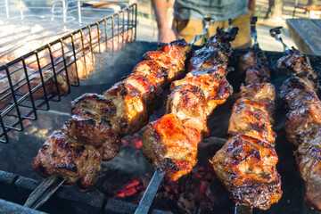 Freshly juicy marinated meat on the grill. Cooking food over an open fire and coals. Picnic in nature. Fresh meat for the barbecue. Skewers and barbecue