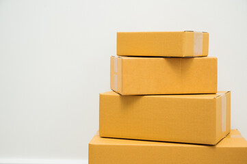 Stacking of box parcel cardboard mock up on blank space white background.