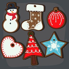 A set of gingerbread cookies for the new year or christmas.  New Year's gingerbread cookies of different shapes that can be hung on the tree. Сhristmas mood.