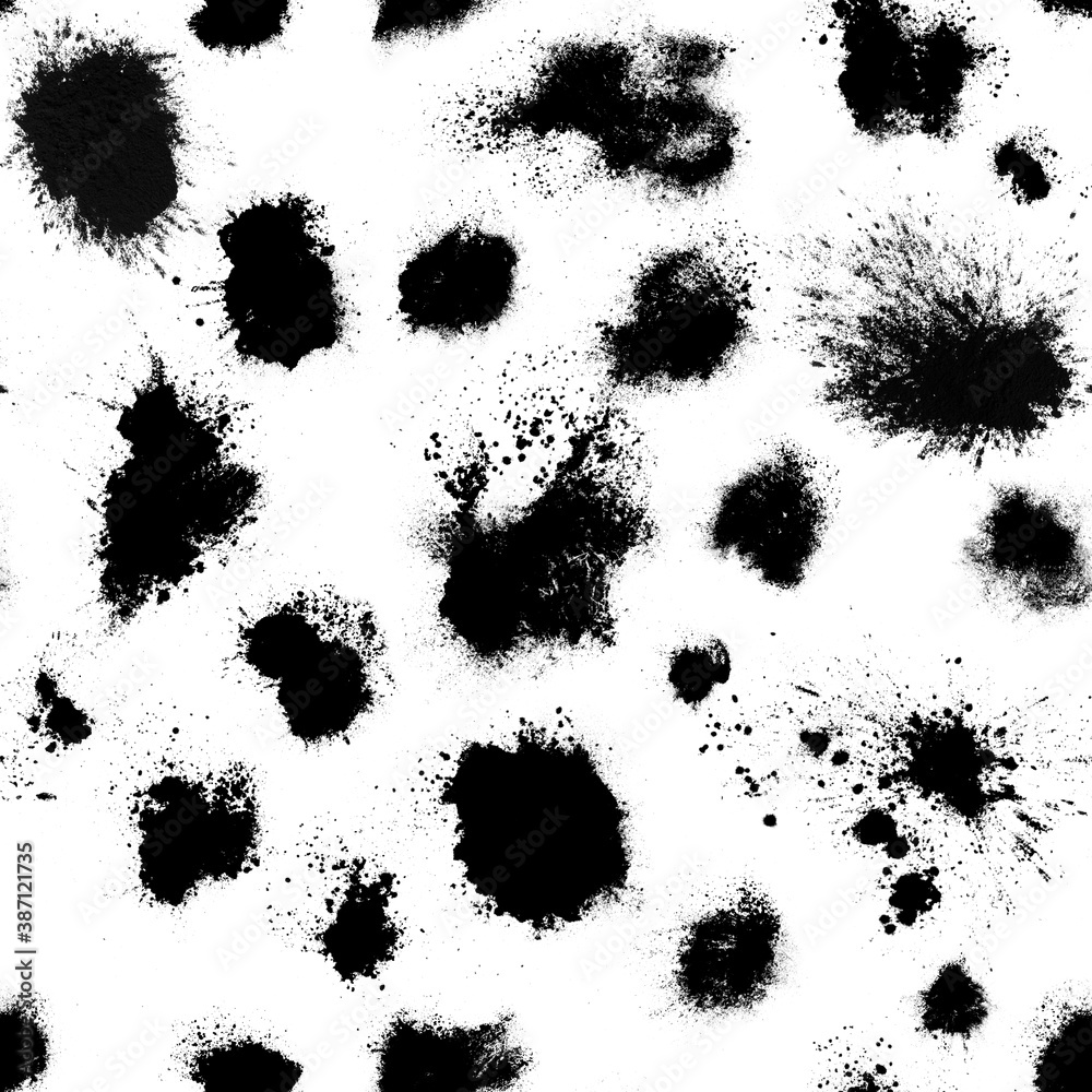 Poster seamless pattern of black spots with splashes isolated on white background