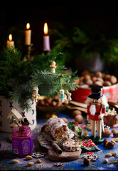 Christmas chocolate salami on a Christmas rustic background