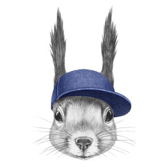 Portrait of Squirrel with a cap. Hand-drawn illustration. 