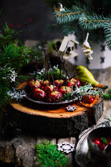 Fototapeta na wymiar Cranberry Glazed Turkey Meatballs in a Christmas decor.