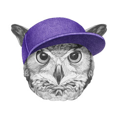 Portrait of Owl with a cap. Hand-drawn illustration. 