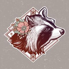 Raccoon portrait. Dreamy magic art. Night, nature, wicca symbol. Isolated vector illustration. Great outdoors, tattoo and t-shirt design.