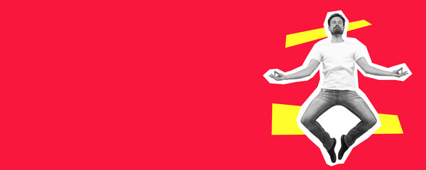 Man in jump meditating, looks calm and delighted. Collage in magazine style with bright red background. Flyer with trendy colors, copyspace for ad. Discount, sales season, fashion and style concept.