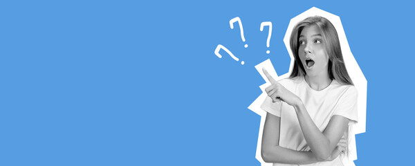 Shocked pointing at side young girl. Collage in magazine style with bright blue background. Flyer with trendy colors, copyspace for ad. Discount, sales season, fashion and style concept.