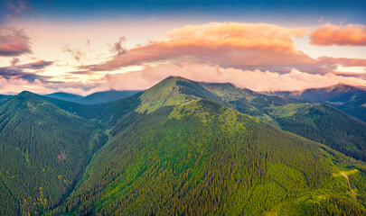 Amazing summer view from flying drone of Smotrych peak in the pink cloud. Stunning sunrise in Carpathian mountains, Ukraine, Europe. Beauty of nature concept background.