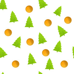 christmas pattern with christmas trees and golden balls on the white background