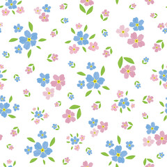 Forget-Me-Not floral seamless vector pattern background. Beautiful backdrop of painterly watercolor effect groups of pink blue mysotis flowers. Hand drawn botanical design. All over print for spring