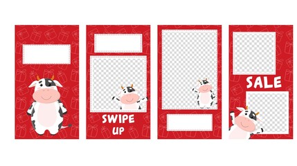 Vector set of editable stories templates, posts for social media. Cartoon cow or bull and white doodle presents on red background