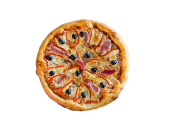 Pizza with bacon isolated on white background, top view.