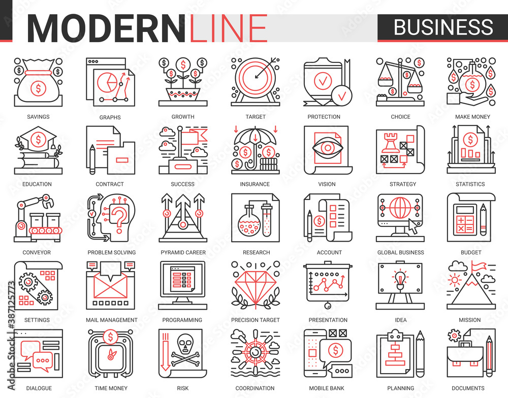 Poster business complex concept thin red black line icon vector set with outline infographic symbols of suc
