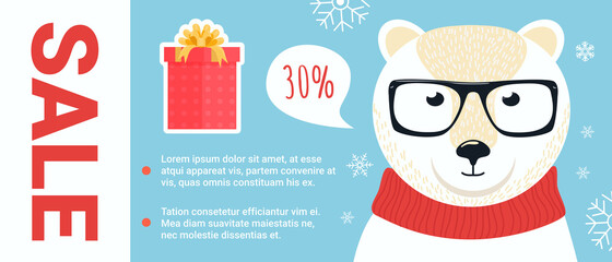 Christmas sale promo vector illustration. Cartoon polar bear with glasses and red scarf, present gifts and snowflakes decor standing on Christmas or winter holidays background, discount offers banner