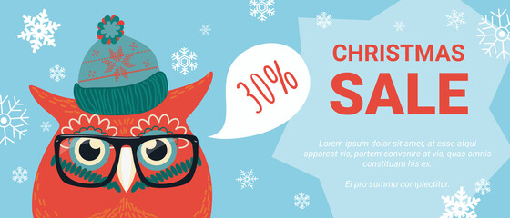 Christmas sale, discount offers vector illustration. Cartoon cute owl with glasses, hat and snowflakes offering special shop discounts during Christmas winter season, xmas advertising promo background