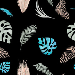 Fototapeta na wymiar Seamless pattern Boho Tropical elements leaf palm grass Watercolor hand painted natural dried elements on a black background