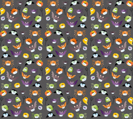 Cute Halloween holiday background pattern texture vector
Ghost vampire bat devil pumpkin ninja mummy spider with face mask - funny graphic for kids and pandemic covid 19 protection