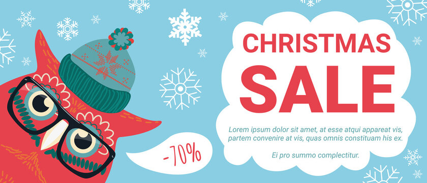 Christmas sale, discount offers vector illustration. Cartoon cute owl with glasses, hat and snowflakes offering special shop discounts during Christmas winter season, xmas advertising promo background