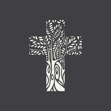 Flat design of a Christian cross in the form of a tree on a dark background. Vector illustration, religious symbol, icon, logo, emblem, design element. Decorative tree in the shape of a cross.