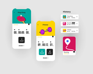 Generic and fictional user interface for fitness application with different workouts 3d isometric illustrations and UI elements, bright visual concept