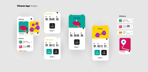 Uiser interface set of dashbord elements for mobile fitmess application with bright workout illustrations in 3d isometric style, generic and fictional concept