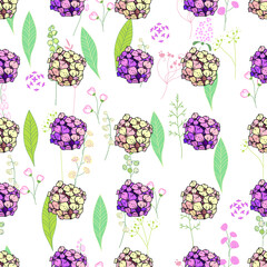 Seamless pattern with pink and yellow hydrangea. Endless texture for floral design.