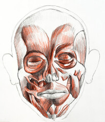 face's muscles painting with pencils. Art of human muscles. Red and black painting. Medical illustration