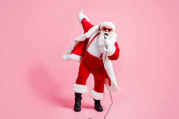 Full length photo crazy north-pole celebrity grey beard santa claus big belly sing song mic...