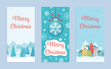Merry Christmas greeting card vector illustration set. Cartoon scandinavian style Xmas geometric trees, Christmas traditional colorful houses under snow, snowflakes in winter holidays collection